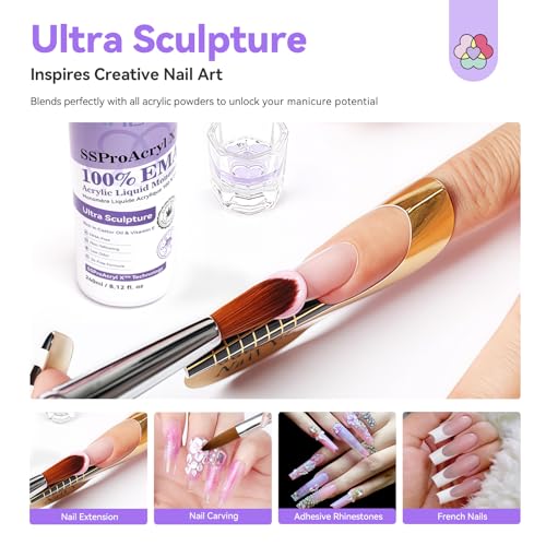 SAVILAND SSPro X Pure EMA Monomer Acrylic Nail Liquid: 240 ml Large Capacity Nail Monomer Liquid wtih 3Pcs Acrylic Nail Brushes for Nail Carving Extension Non Yellowing Home