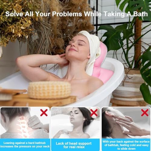 Full Body Bath Pillow, Luxury Bath Cushion with 192 Suction Cups, Bath Pillows for Tub for Head and Neck Support, with Laundry Bag Pink, 51" x 16"