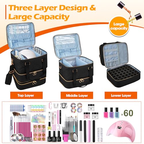 Nail Polish Organizer Case - Three Layer Nail Polish Storage Bag with Adjustable Dividers Holds 84 Bottles Nail Polish Nail Lamp Nail Kit Supplies Organizer Box - Black