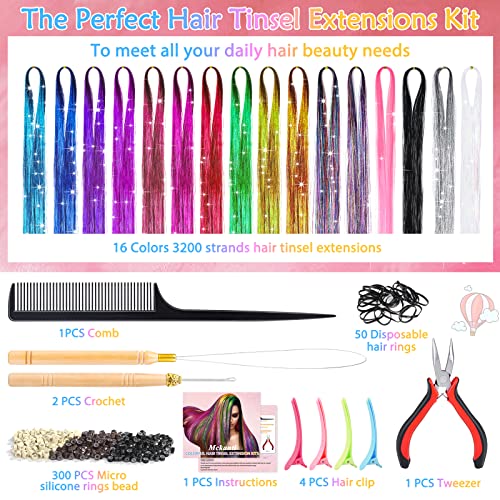 Mckanti 16 Colors Hair Tinsel Kit with Tool, 47 inch 3200 Strands Tinsel Hair Extensions for Women Girls, Fairy Hair Tinsel Glitter Sparkling Shiny Colorful Synthetic Hair for Party Daily Life Fashion
