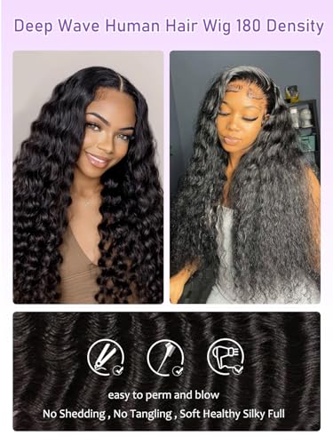 Deep Wave Lace Front Wig 13x6 Soft Remy Virgin Human Hair 180% Density HD Lace Frontal Wigs for Black Women Natural Color Pre Plucked Hairline