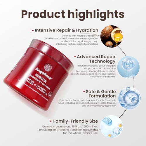 Keratin & Collagen Hair Mask with Argan Oil – Deep Repair Conditioner for Dry, Damaged Hair – Hydrating & Strengthening Treatment, 500ml (16.9 oz)