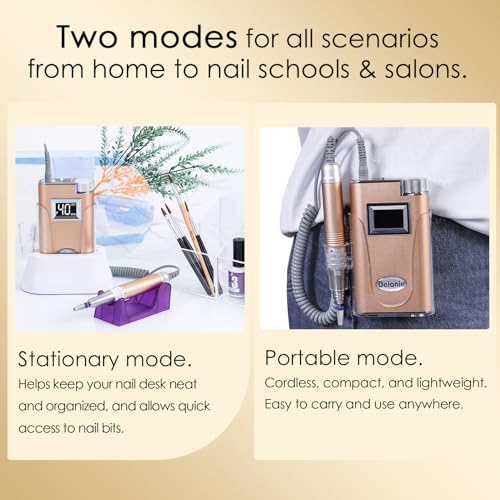 Delanie 2 in 1 Nail Drill with Charging Stand Carbide Ceramic Bits, 40000 RPM Rechargeable Electric Nail File Filer, Gold