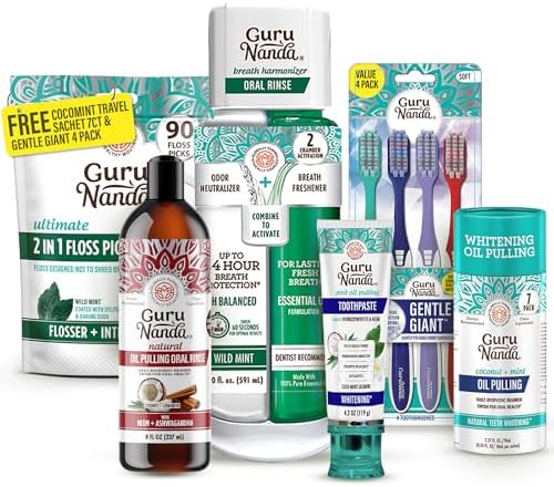 GuruNanda Gum Hygiene Makeover Kit with Ashwagandha & Cocomint (Travel Size) Oil Pulling, Neem Toothpaste, Breath Harmonizer Mouthwash, 2-in-1 Floss Picks & Whitening Toothbrushes