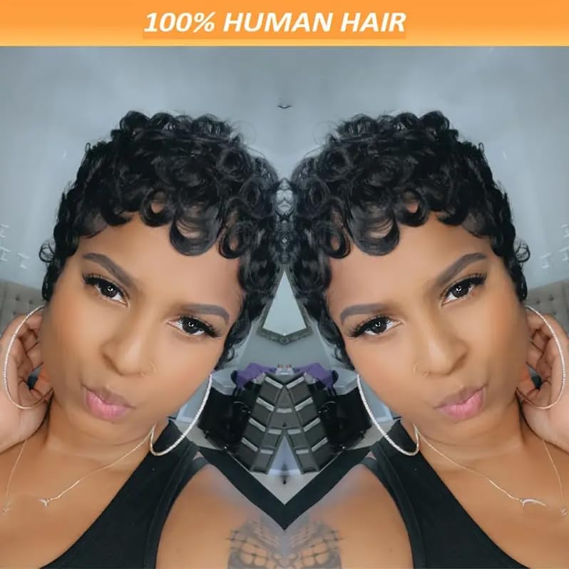 Pixie Cut Wigs for Black Women Pixie Cut Wig Human Hair Short Layered Wigs Full Machine Made Short Haircut Wig Glueless with Bangs Natural Color 1B