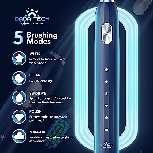 DADA-TECH Electric Toothbrush for Adults Kids Electric Toothbrush Rechargeable Sonic Toothbrush Ultrasonic Toothbrush with Timer, 9 Brush Heads, 5 Cleaning Modes 4-Hour Charge Lasts 60 Days (Blue)