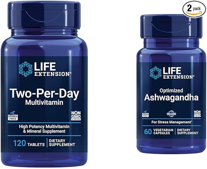 Life Extension Two-Per-Day 120 Tablet Multi-Vitamin & 60 Capsule Optimized Ashwagandha Stress Relief Supplement Bundle