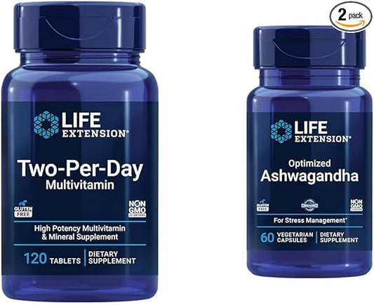 Life Extension Two-Per-Day 120 Tablet Multi-Vitamin & 60 Capsule Optimized Ashwagandha Stress Relief Supplement Bundle