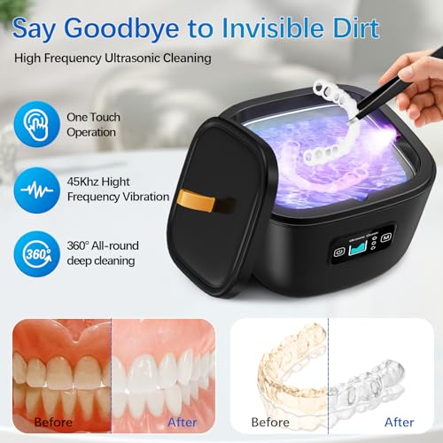 Retainer Cleaner Machine - 255ML Ultrasonic Denture Cleaner for Aligner Mouth Guard Toothbrush Ring Diamond, 45kHz LED Light Sonic Cleaning Machine for Jewelry, Dental Appliances