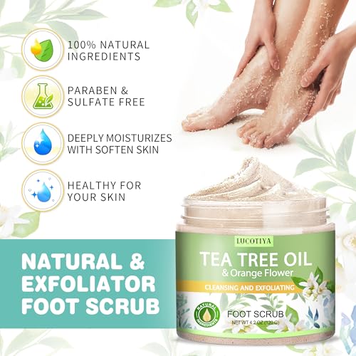 LUCOTIYA Tea Tree & Orange Flower Foot Soak Set - Salts, Foot File, Scrub & Urea Cream Pedicure Supplies for Dry, Cracked Feet - Foot Spa Pedicure Kit for Women Men