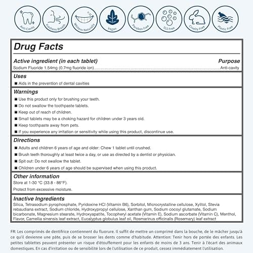 Smile More Toothpaste Tablets with Fluoride & nHAp - Vegan, Enamel Strengthening, Zero Waste, Paper Refill, 62 Tablets, Cool Mint, 1 Month Supply, Travel-Friendly