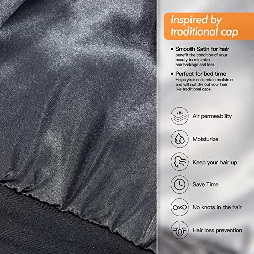 Silk Satin Lined Bonnet Sleep Cap - Adjustable Stay on All Night Hair Wrap Cover Slouchy Beanie for Curly Hair Protection for Women and Men - Black & Dark Grey