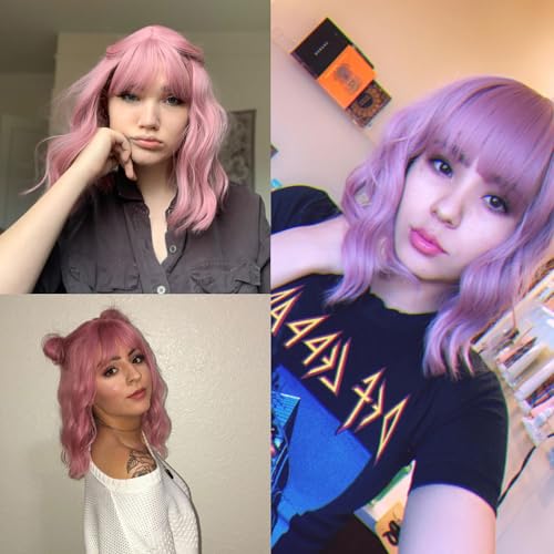 VCKOVCKO Pastel Wavy Wig With Air Bangs Women's Short Bob Purple Pink Wigs Curly Wavy Shoulder Length Pastel Synthetic Bob Wig for White Women Girls Daily Use Colorful Wigs(12", Purple Pink)