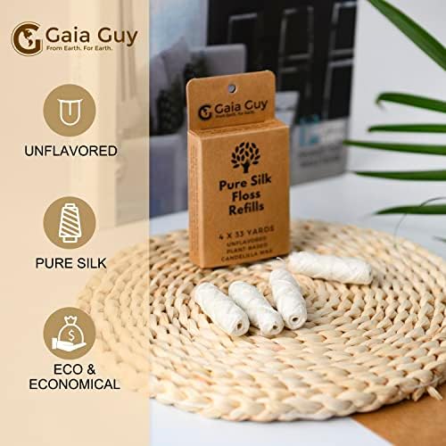 Gaia Guy Silk Dental Floss Refill | Unflavored Natural Silk | 4 spools x 33yds | Compostable, Sustainable & Biodegradable Silk Flossing Thread & Eco-Friendly Packaging