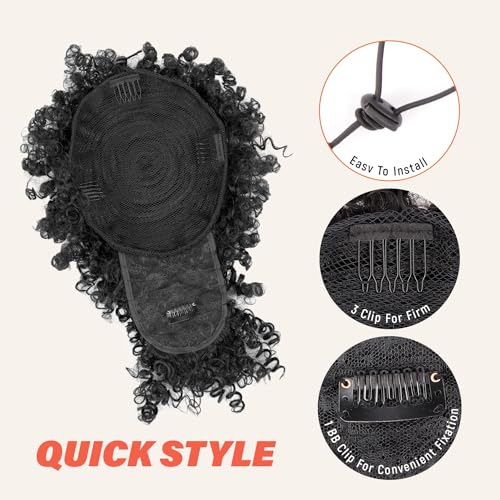 Drawstring Ponytail for Black Women, Afro Puff Kinky Curly Hair Ponytail Extension with Bangs Black Updo Natural Hair Ponytail (1B Natural Black)