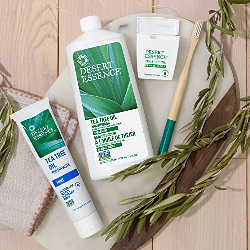 Desert Essence Tea Tree Oil Mouthwash - 16 Fl Ounce - Pack of 6 - Natural Refreshing - Spearmint Flavor - Helps Reduce Plaque Buildup - Refreshes Mouth & Gums - Vitamin C - Oral Care - No Parabens