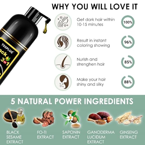 TSSPLUS Black Hair Dye Shampoo, 500ml - Organic Natural Hair Color Dye Shampoo for Women & Men, Instant Gray White Hair Cover, Plant Essence, Semi-Permanent
