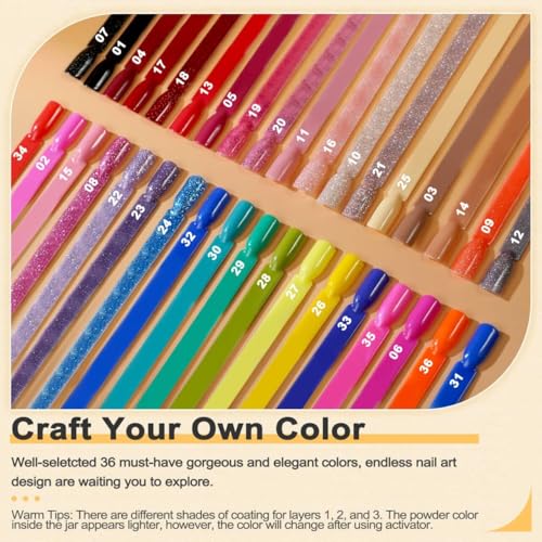 Lavender Violets 48 Pcs Dip Powder Nail Kit Starter, 36 Colors Pink Red Yellow Green Blue with Dip Powder Liquid Set and Essential Manicure Tools for Nail Art Designs B950