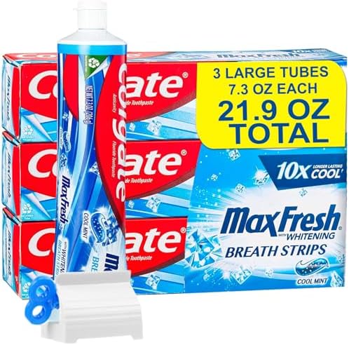 Max Toothpaste with Mini Breath Strips, Cool Mint 3 Large Tubes of 7.3 oz (Total 21.9 oz) Whitening, Fluoride Cavity Protection, Long-Lasting Fresh Breath Bonus Toothpaste Squeezer
