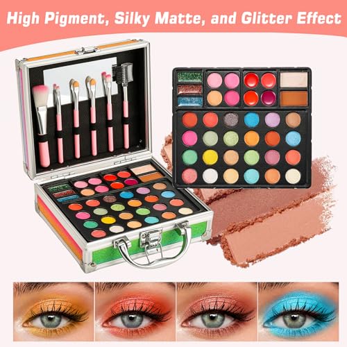 Anpro All-In-One Makeup Carry Case with Pro Teen Makeup Set, Full Starter Cosmetics Kit with Makeup Brushes, Eye Shadows Palette, Blushes, Glitter Gel, Temporary Tattoo Stickers