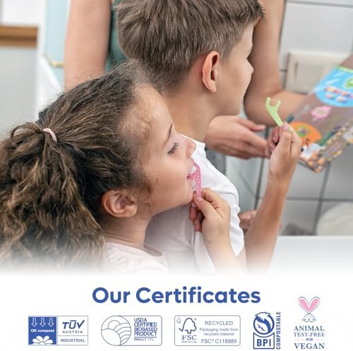 SmartLifeco Biodegradable Kids Flossers - Fluoride Free & Plant Based | Eco Friendly Dental Floss Picks for Children | Fun Animal Flossing Sticks for Toddlers Teeth | Compostable (200 Pack, Mint)