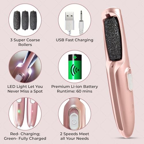 Powerful Electric Callus Remover Wand – Rechargeable Foot File, Grinder & Scrubber - Removes Dead, Hard Skin & Calluses – Best Pedicure Tool for Soft, Smooth Feet for Men & Women (Rose Gold)