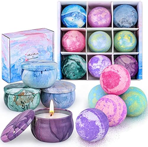 Bath Bombs Gift Set - 5 Large Fizzy Spa Bombs with 4 Scented Candles for Women - Moisturizing Bubble Bath with Essential Oils for Valentine's, Birthday Gifts