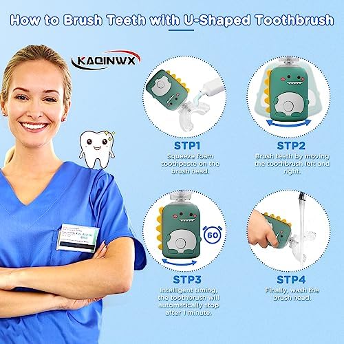 Kids U Shaped Electric Toothbrush for Age 2-12, Rechargeable Toddler Toothbrush with Smart Timer & 3 Clean Modes, Dinosaur Design, IPX7 Waterproof, 3 Brush Heads & 360°Cleaning
