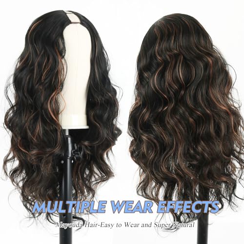 Long V Part Body Wavy Wig With Black With Highlight Brown Upgrade U Part Synthetic Water Wavy Wigs for Black Women Full Head Clip In Hair Glueless Synthetic Wigs (Black Mix Brown)
