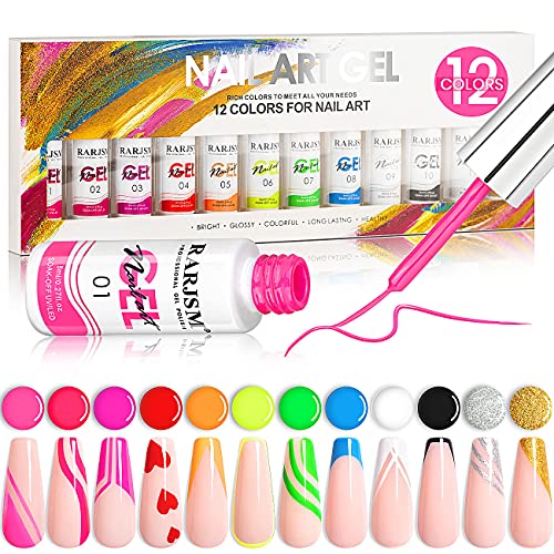 RARJSM Painted Gel Nail Polish Set, Line Art Gel 12 Colors Neon Pink Yellow Green Glitter Silver Gold Nail Art Painting Manicure Tools DIY Drawing NailGel for Line U V L E D Required