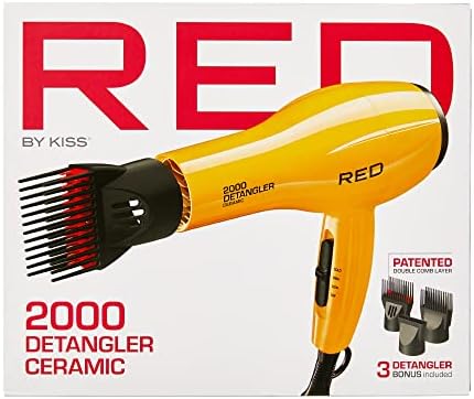 RED by KISS 2000 Ceramic Hair Dryer, Professional Salon Blow Dryer 3 Attachments Included, 2 Detangler Piks, 1 Air Concentrator (Yellow)