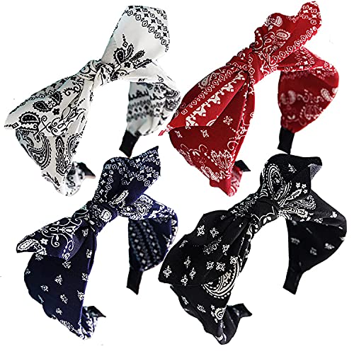 Paisley Print Wide Bow Headbands for Women Bandana Rabbit ear Elastic Hairband Cute Knot Headbands Hair Accessories (Style 1: (Red, white, Navy, black)
