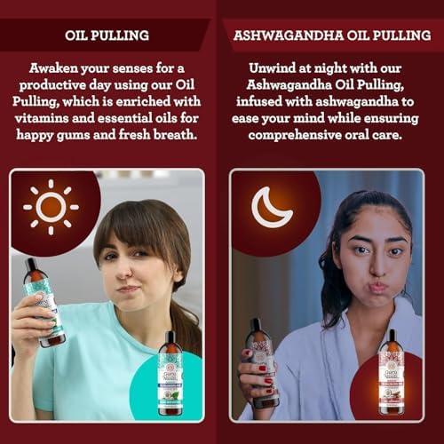 GuruNanda Ashwagandha Oil Pulling Mouthwash, Promotes Calmness, With Neem & Roman Chamomile for Fresh Breath & Happy Gums, Alcohol-Free, With Toothbrush & Tongue Scraper, 8 Oz