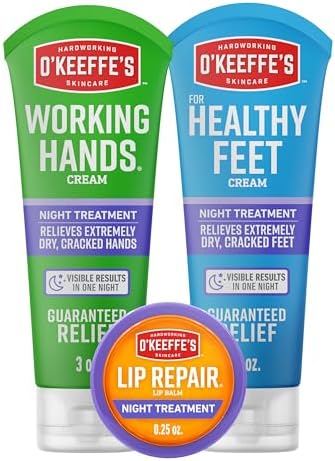 O'Keeffe's Night Treatment Combo Pack Including Working Hands Night Treatment Hand Cream, Healthy Feet Night Treatment Foot Cream and Lip Repair Night Treatment Lip Balm; Gift Idea