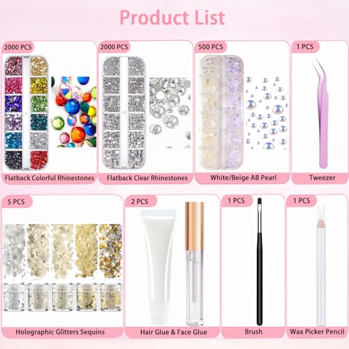 Hair Face Gems Rhinestones with Makeup Glue, Flat Back Colorful Jewels Crystal Half Round Pearl Gold Holographic Glitters Sequins Kit, Wax Pencil Tweezer and Brush for Face Eye Hair Body Makeup