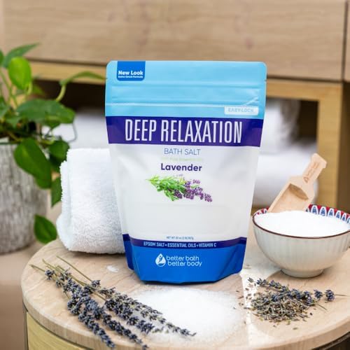 Deep Relaxation Bath Salt 32 Ounces Epsom Salt with Natural Lavender Essential Oil Plus Vitamin C in BPA Free Pouch with Easy Press-Lock Seal