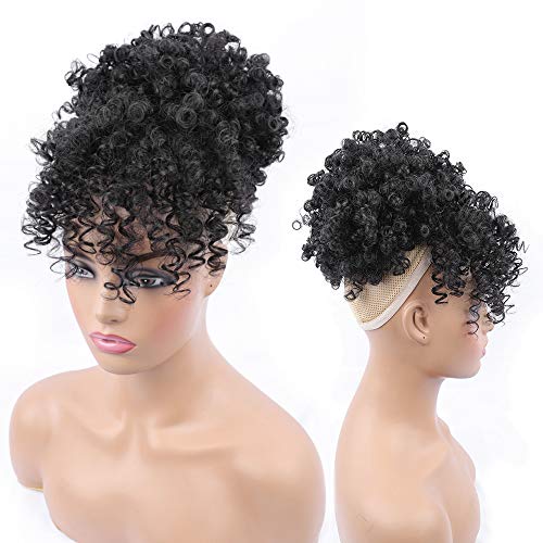 ENTRANCED STYLES Drawstring Ponytail with Bangs Afro Puff Ponytail Extensions for Women Short Curly Puff Ponytail with Bangs Clip in Wrap Updo Hairpiece for Women(1B)