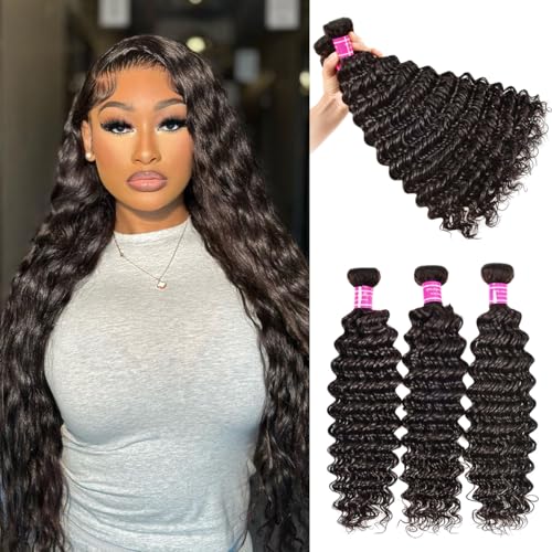 Deep Wave Human Hair Brazilian Bundles - 3 Bundles, 22-26 Inch, 100% Unprocessed Virgin Hair, Curly Waves, Double Weft, Wet & Wavy, for Black Women