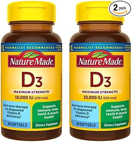 Nature Made Maximum Strength Vitamin D3 10000 IU (250 mcg), Dietary Supplement for Bone, Teeth, Muscle and Immune Health Support, 60 Softgels, 60 Day Supply (Pack of 2)