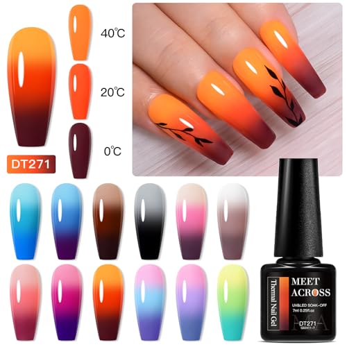 MEET ACROSS Color Changing Gel Nail Polish, 12 Colors Pink Blue Purple Orange Neon Mood Temperature Change Gel Polish Set Soak Off DIY Home Nail Art Gift For Girsl