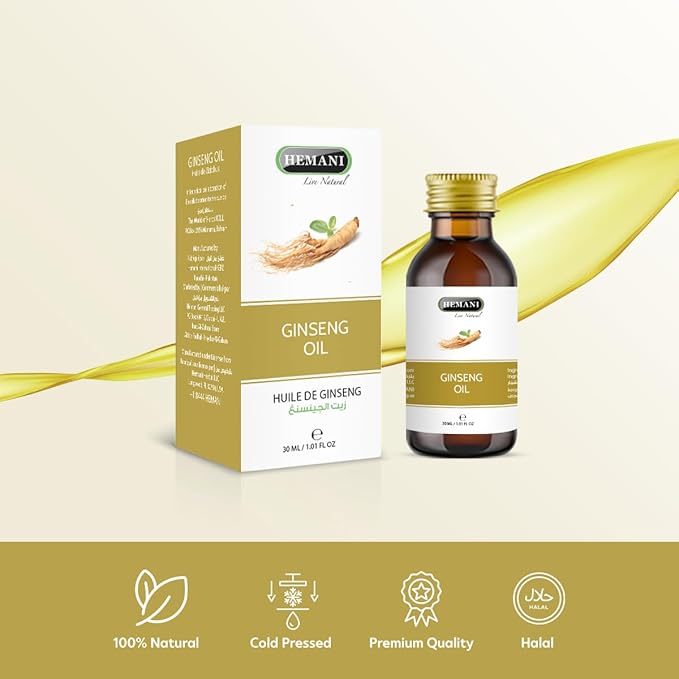 Hemani Ginseng Oil 30ml, Aceite de Ginseng, 100% Natural Herbal Ginseng Serum for Hair and Skin Care, Premium Ginseng Oil for Nourishing and Revitalizing Hair & Skin