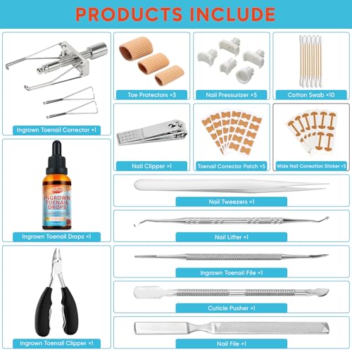 Ginger Ingrown Toenail Treatment, Professional Ingrown Toenail Removal Kit at Home, Ingrown Toenail Tool with Ingrown Toenail Corrector, Corrector Patch, Toenail Clipper, Nail File Lifter