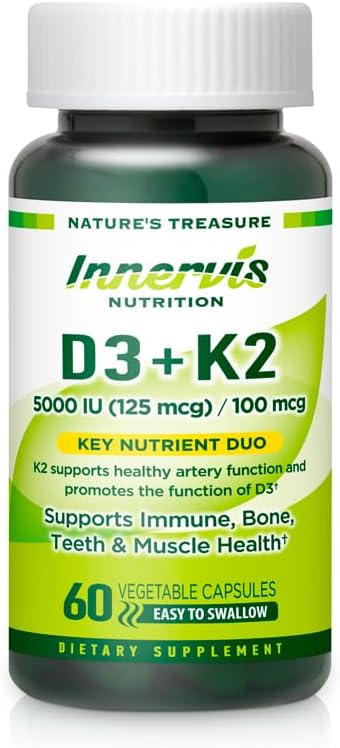 Vitamin D3 5000 IU + K2 100 mcg Immune Support Healthy Bone Teeth 60 Vegetable Capsules Supplement