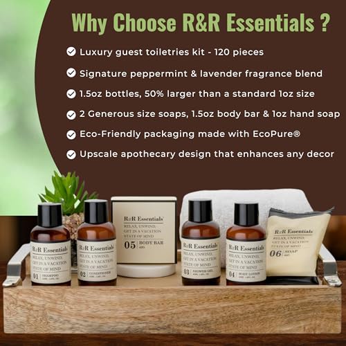 R&R Essentials Hotel Soaps and Toiletries Bundle, Vacation Home Amenities Kit - 1.5oz Shampoo, Conditioner, Shower Gel, Lotion And 2 Bar Soaps - Travel Size (120 pc)