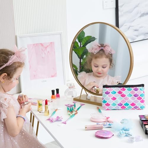 Mermaid Makeup Brush Sets with Cosmtic Bag - 13 PCS Beauty Makeup Tools Eye Shadow Eyeliner Concealer Foundation Blending Blush Brushes Compact Pocket Mirror Sequins Cosmetic Case Bag