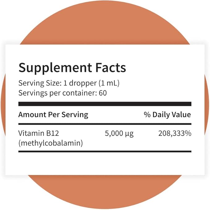 Pattern Wellness Vitamin B12 Supplement - Sublingual 5000 mcg Liquid Methylcobalamin Drops - Immune & Cardiovascular Support - Citrus Flavored Vegan Liquid Drops - 2 fl. oz (60 mL)