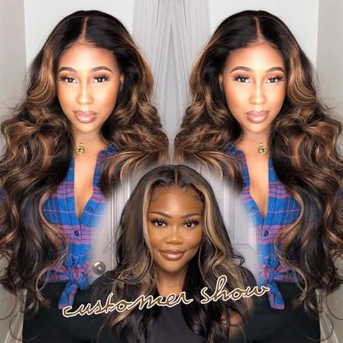 Long V Part Body Wavy Wig With Black With Highlight Brown Upgrade U Part Synthetic Water Wavy Wigs for Black Women Full Head Clip In Hair Glueless Synthetic Wigs (Black Mix Brown)