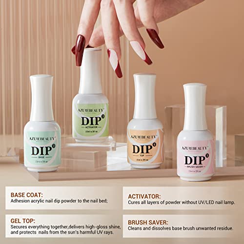 AZUREBEAUTY 4+4pc Dip Powder Liquid Set, 15ml/0.5oz, with Base/Top Coat, Activator, Brush Saver, Nail File– Fast Drying Formula, No UV Light Needed ﻿