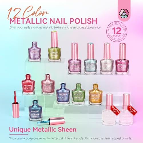 SAVILAND Metallic Nail Polish Set: 12 Colors Mirror Chrome Glitter Nail Polish 0.34oz Holographic Red Silver Pink Nail Polish Quick-Dry Base Top Polish Coat for Fingernail Toenail French Manicure Art