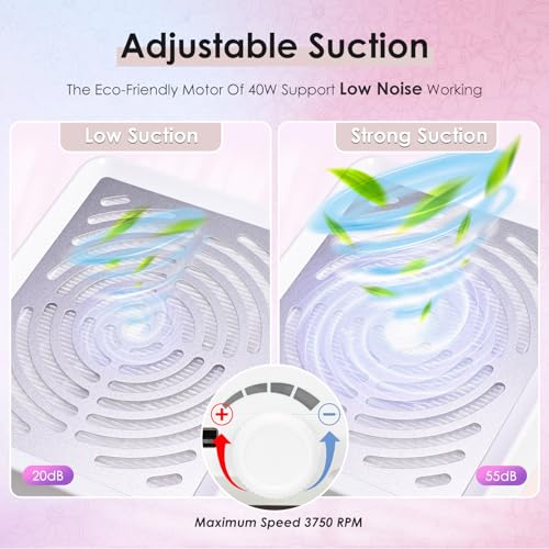 Nail Dust Collector with Lamp&50pcs Disposable Filter&Dusting Brush, Electric Nail Vacuum Cleaner Dust Fan Suction Machine for Manicure Acrylic Gel Nails Polishing, Low Noise, Salon Home